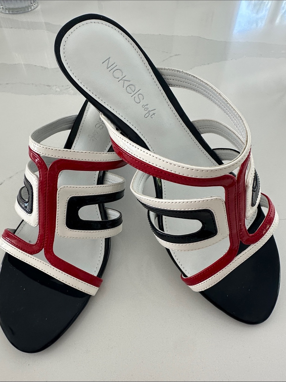 Nickels Soft White, Black & Red Patent Slide Mules
